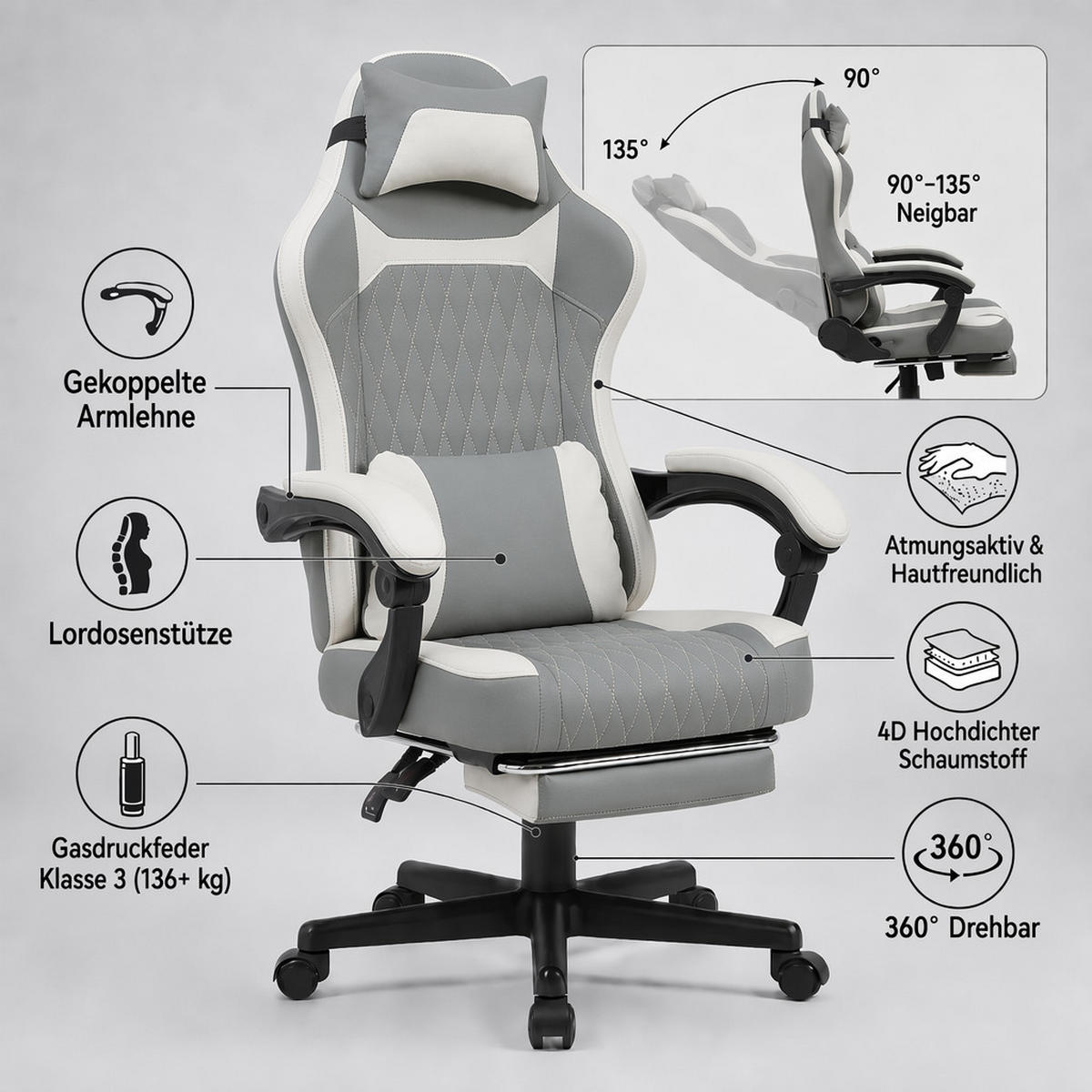 GAMING-STUHL grau mit Rautensteppung, Fußstütze, Nacken- und Lendenkissen, höhenverstellbar - Grau, Leder (54/124/62cm) - BRILVERDE