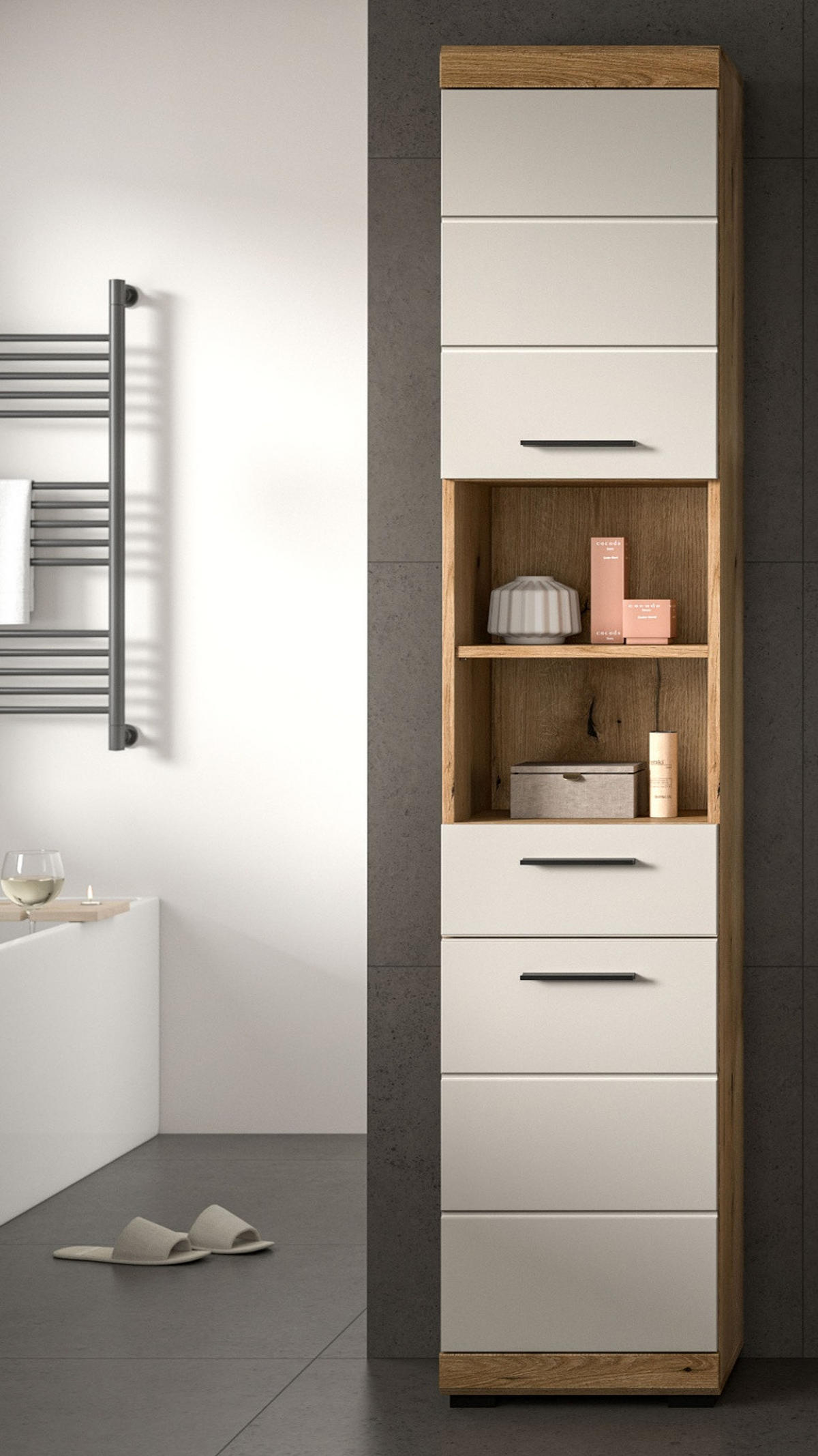 HOCHSCHRANK Sand Kaschmir, Evoke Eiche, Badschrank, 6 Fächer, 37 cm - Kaschmir/Eichefarben, Holzwerkstoff/Kunststoff (37/191/31cm) - Inn.Furn