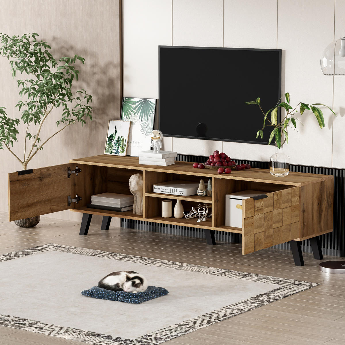 TV-SCHRANK 160,5/35,5/45 cm Holzoptik mit 2 Türen und 2 offenen Fächern - Naturfarben, Holzwerkstoff (160.5/45/35.5cm) - OKWISH