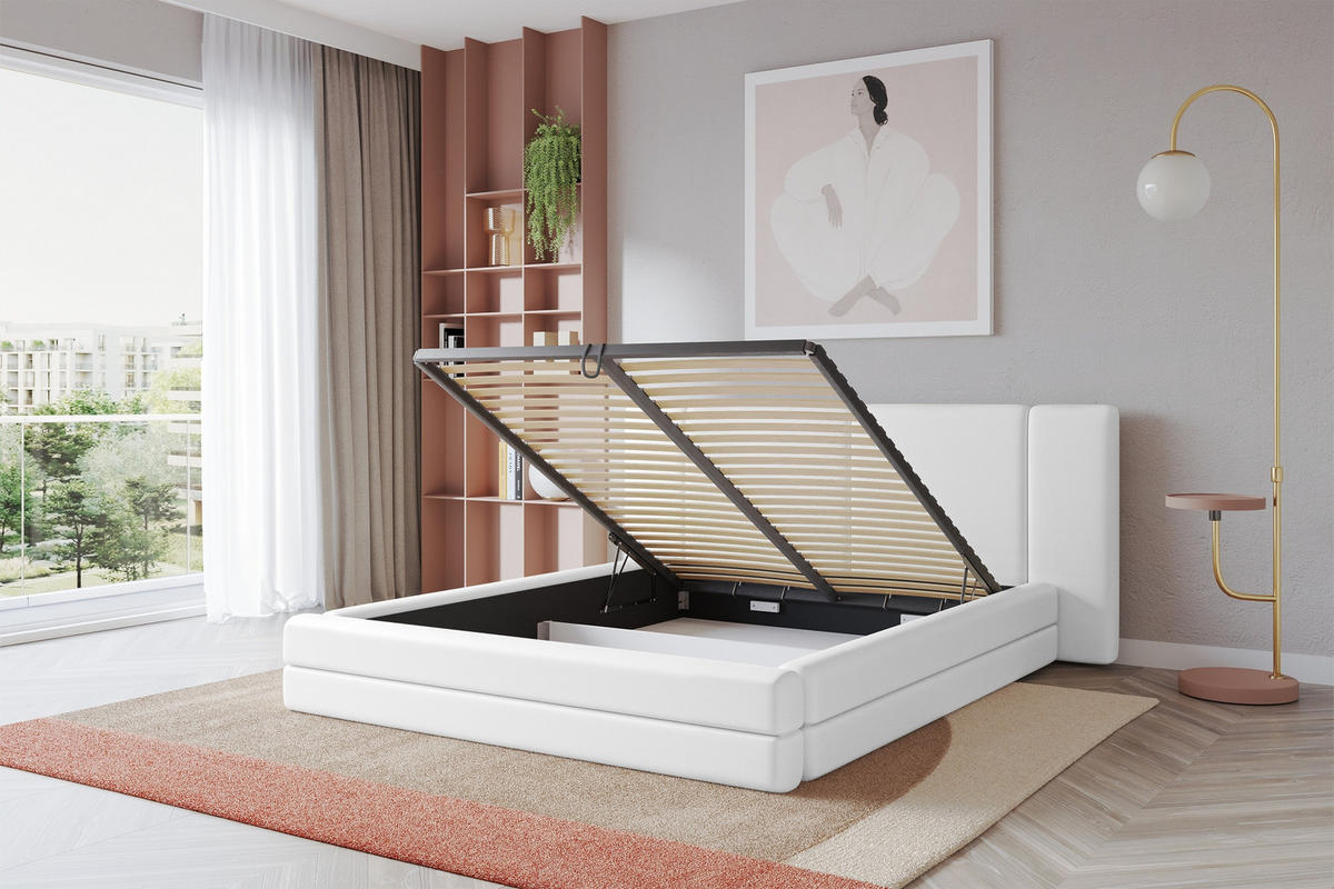 POLSTERBETT mit Bettkasten und Lattenrost, Bett mit Matratze H3/H4 - TEVO 180x200 Weiß - Weiß Hochglanz, Holzwerkstoff/Textil (180/200cm) - ALTDECOR