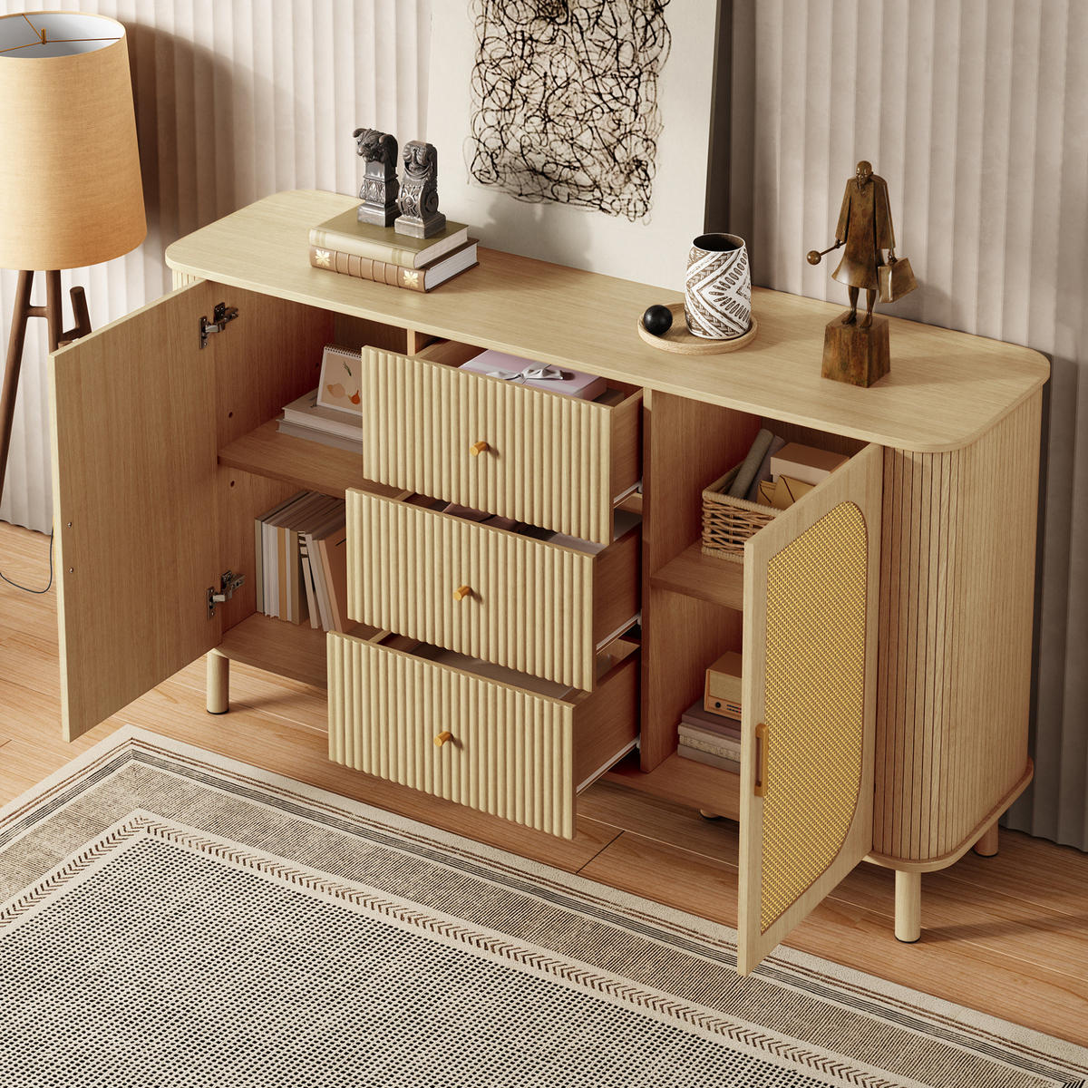 SIDEBOARD in Natur mit Rattan-Türen und gewellten Schubladen, MDF, Metallbeine mit Holzmaserung, 140/40/80 cm,Naturfarben - Naturfarben, Holzwerkstoff (140/80/40cm) - Redom