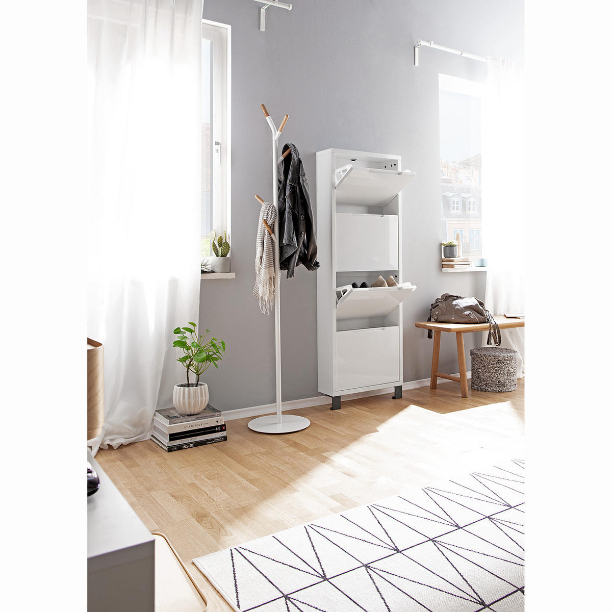 SCHUHKIPPER - Weiß Hochglanz/Grau, Holzwerkstoff (53/153/17cm) - home24