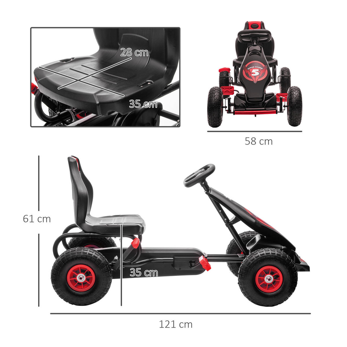 GOKART, Kinderfahrzeug mit verstellbarem Schalensitz, Tretauto, Rot+Schwarz - Rot, Metall (121/58/61cm) - HOMCOM