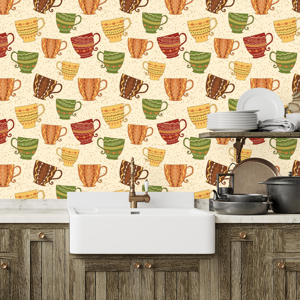 VLIESTAPETE Tassen und Punkte im Vintage-Stil – Bunt, Beige – 50x1000 cm - Beige/Multicolor, Papier (50/1000cm) - Muralo