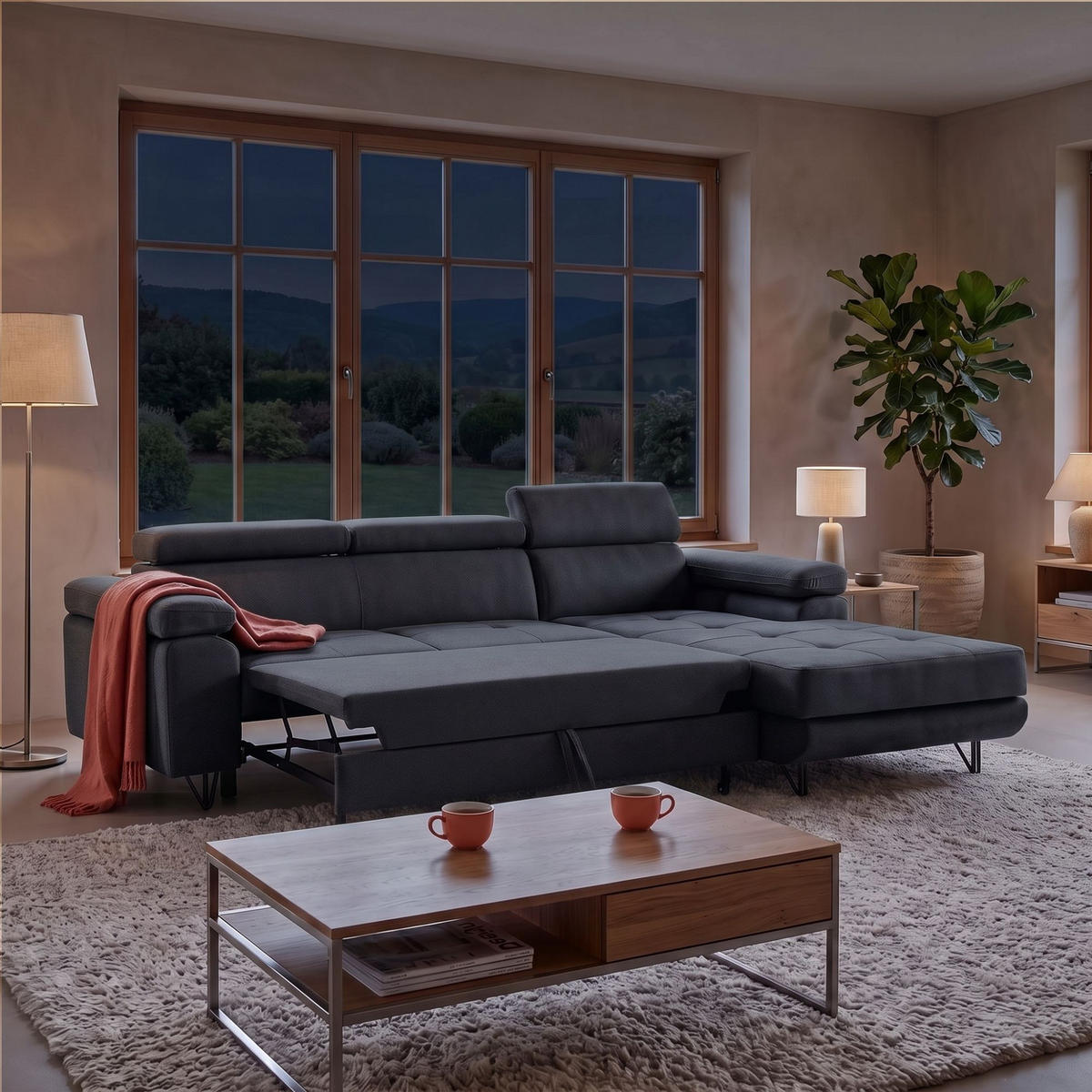 ECKSOFA NORIS L Rechts mit Schlaffunktion 128x203 Velours Dunkelgrau - Dunkelgrau/Schwarz, Holz/Textil (183/250cm) - Muffo