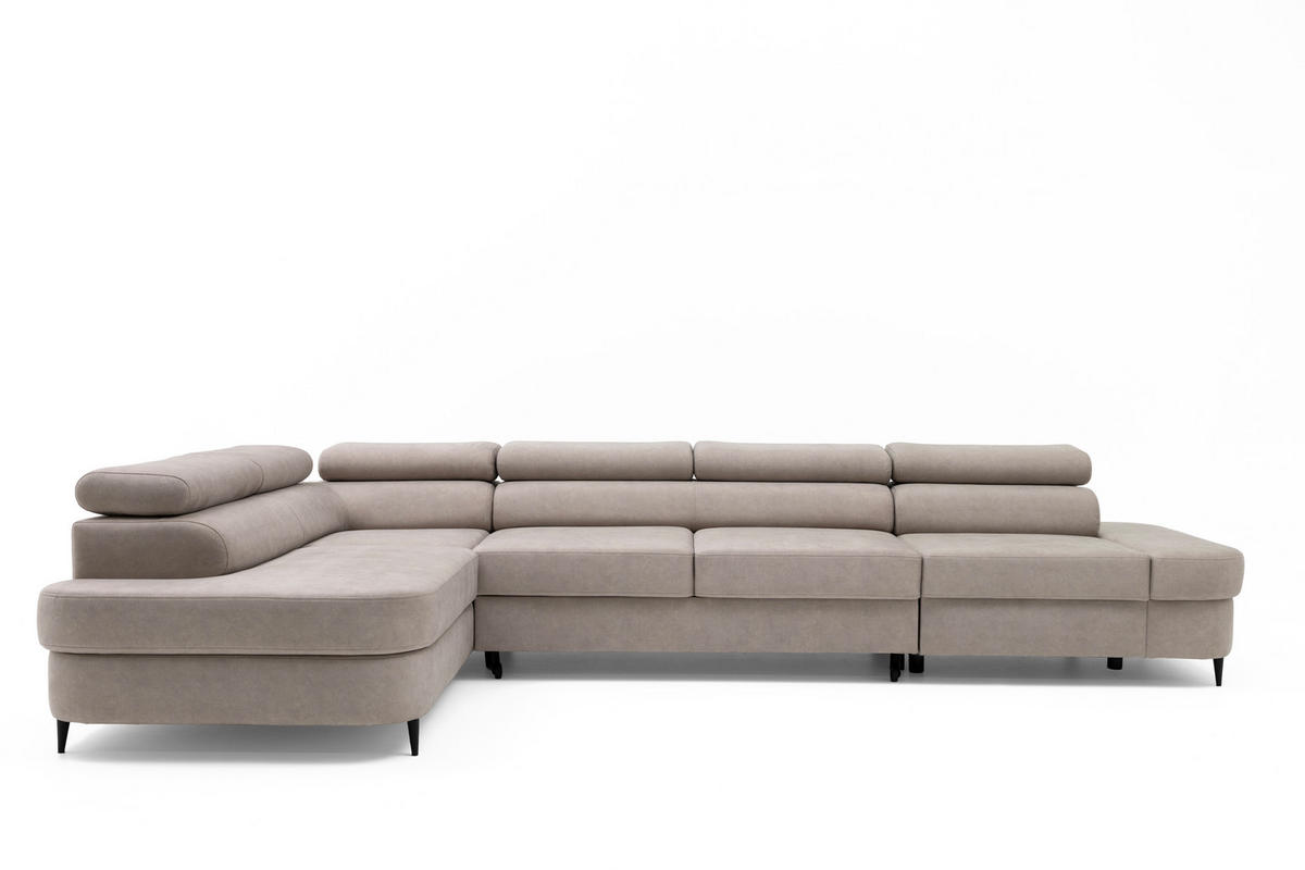 ECKSOFA PRIAM MAXI L-Form mit Schlaffunktion & Bettkasten, 6-Sitzer, 350cm, Verstellbare Kopfstützen Ottomane links - Beige, Holz/Textil (350/203cm) - Muffo