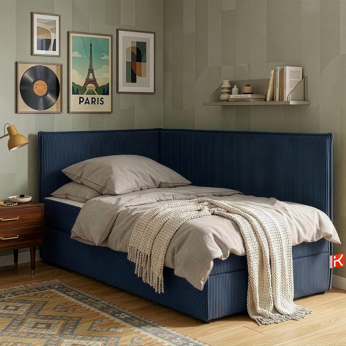 JUGENDBETT ROTI Einzelbett mit Bettkasten, 90x200cm, Bett mit Bonellmatratze, mit Rückenlehne - Schwarz/Dunkelblau, Holz/Holzwerkstoff (92/200cm) - KONSIMO®