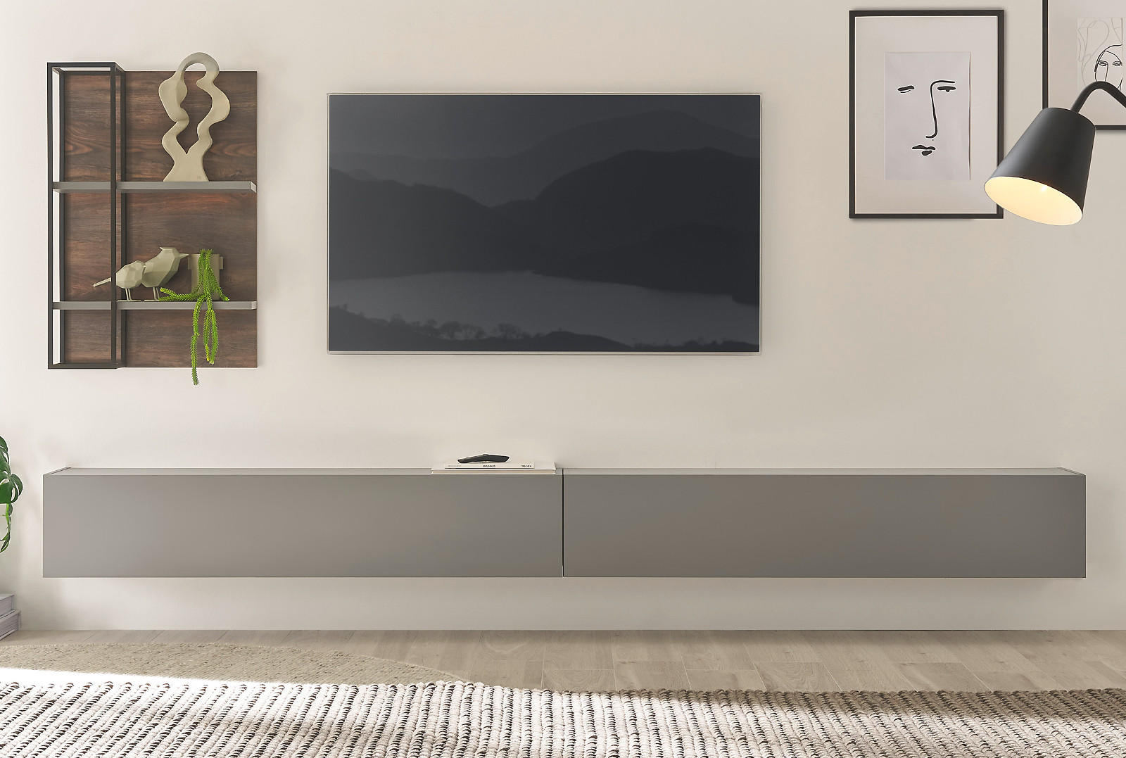 WOHNWAND Thermo Eiche, grau, Wohnkombination 3-teilig 304 x 170 cm - Eichefarben/Grau, Holzwerkstoff (304/170/30cm) - Furn.Design
