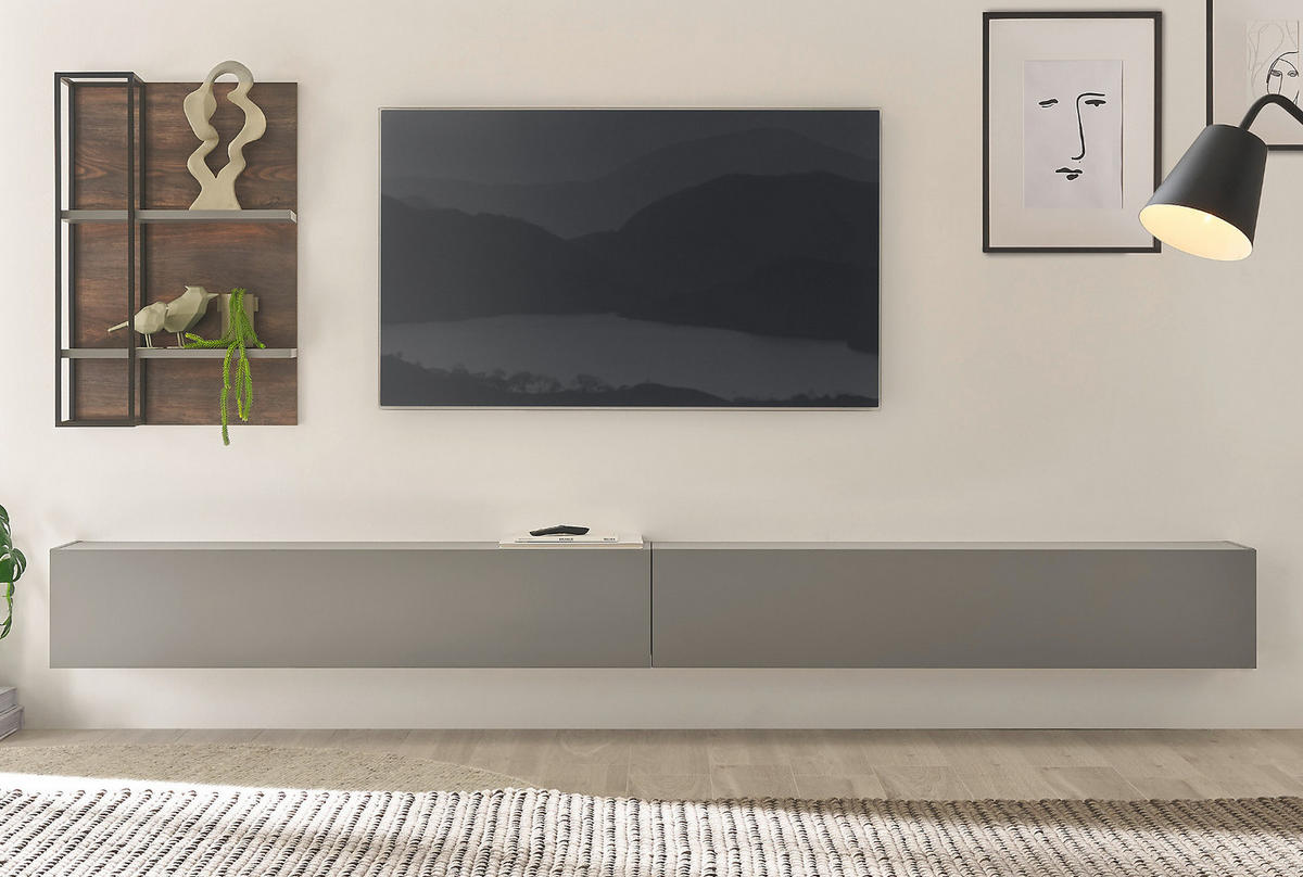 WOHNWAND Thermo Eiche, grau, Wohnkombination 3-teilig 304 x 170 cm - Eichefarben/Grau, Holzwerkstoff (304/170/30cm) - Furn.Design