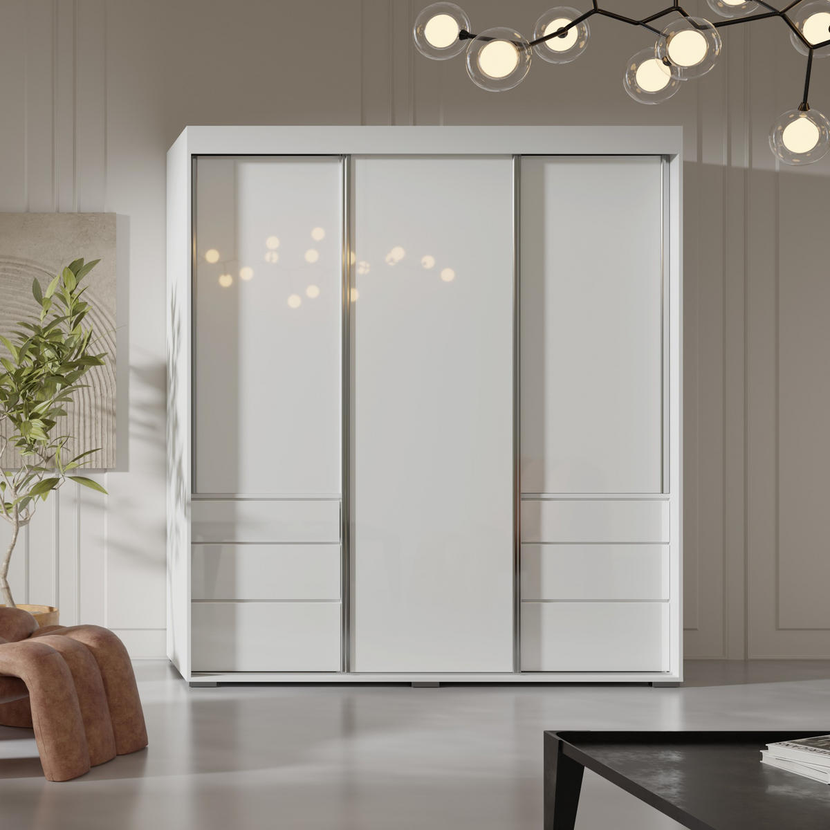 SCHIEBETÜRENSCHRANK mit Schubladen Torino 3D 180 Weiß (Lacobel) - Silberfarben/Weiß, Holzwerkstoff/Metall (180/204/65cm) - mzm24