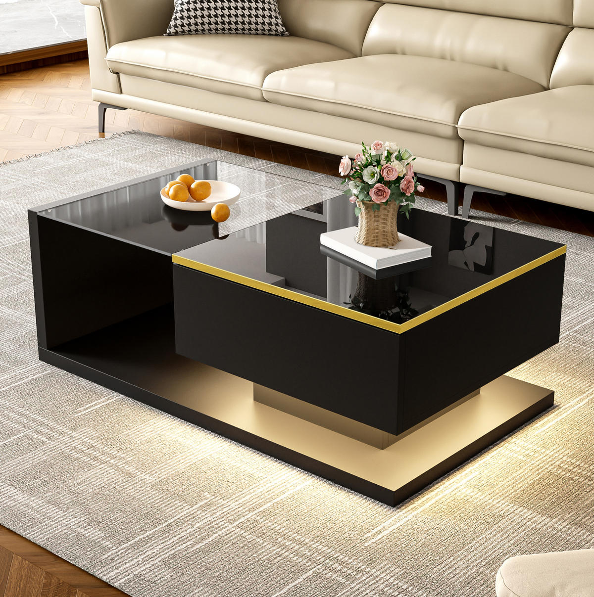 COUCHTISCH 90/50/32.5 cm Schwarz aus Spanplatte mit Glasplatte und LED-Beleuchtung - Schwarz, Holzwerkstoff (90/50/32.5cm) - OKMYHOME
