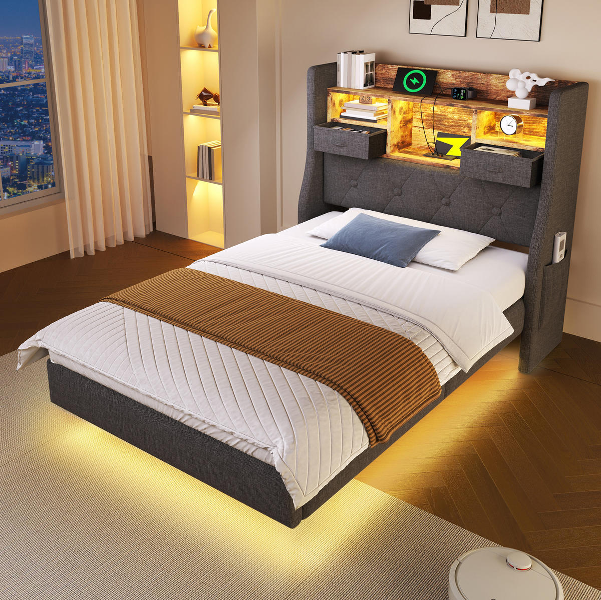 POLNJENA postelja iz lanu 90x200 cm siva z LED osvetlitvijo, USB/Type-C polnilno postajo in prostorom za shranjevanje - siva, tekstil (90/200cm) - Modfu