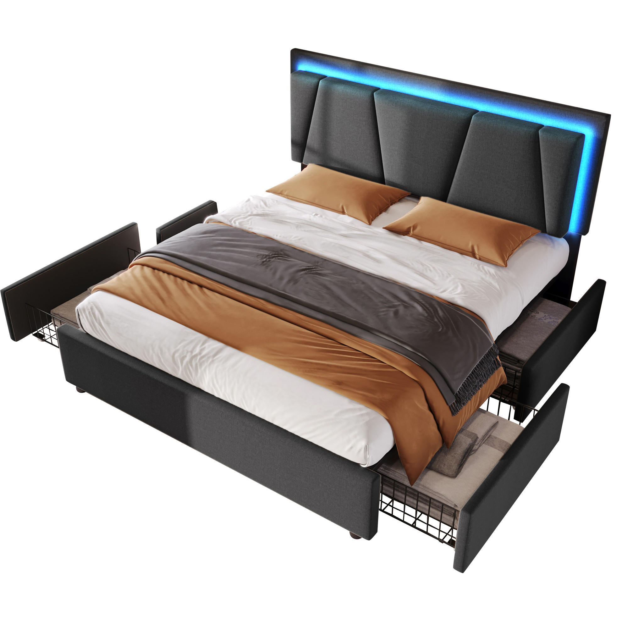 BETT mit LED und 4 Schubladen 140x200 cm Grau - Grau, Holz (140/200cm) - Meubliv