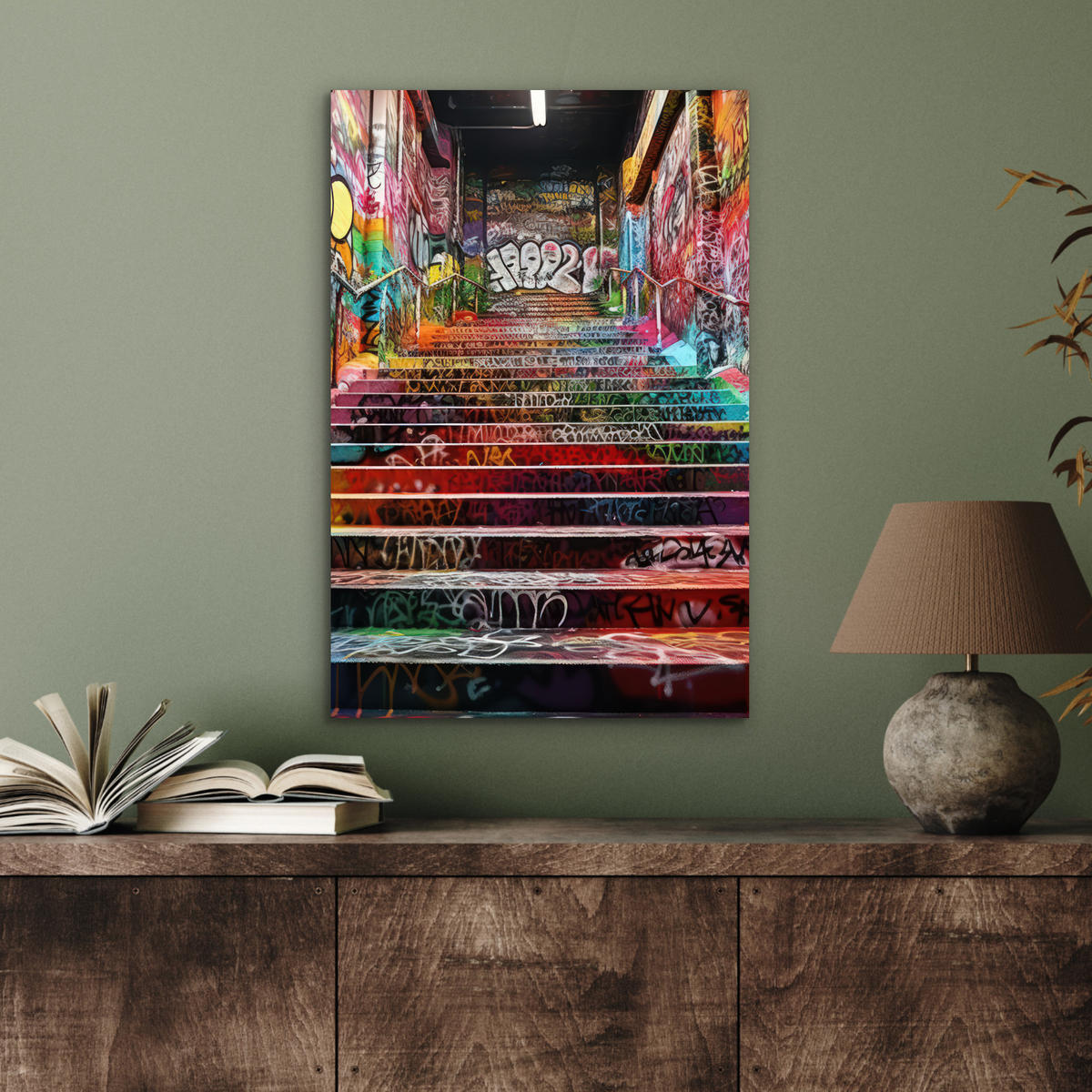 METALLBILD Treppe - Graffiti - Farben - Kunst 40x60 cm - Multicolor, Metall (40/60cm) - MuchoWow