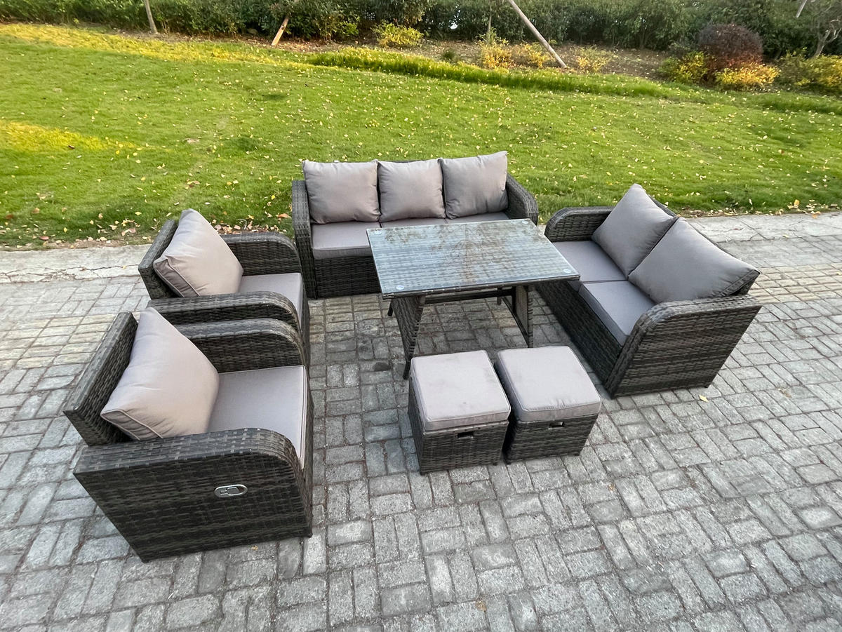 GARTENMÖBEL SET Polyrattan Dunkelgrau 9-Sitzer - Dunkelgrau/Grau, Glas/Kunststoff - Fimous