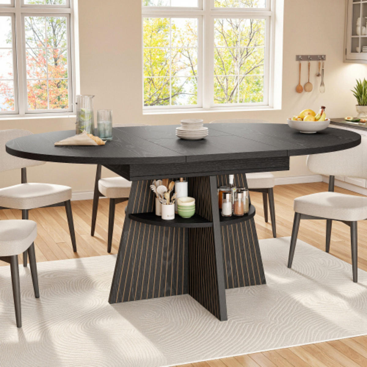 ESSTISCH Ausziehbarer 110-150×110×76 cm aus MDF und Metall mit Säulenfüßen und unterer Ablage, schwarz - Schwarz, Holzwerkstoff (150/110/76cm) - Luhomfu