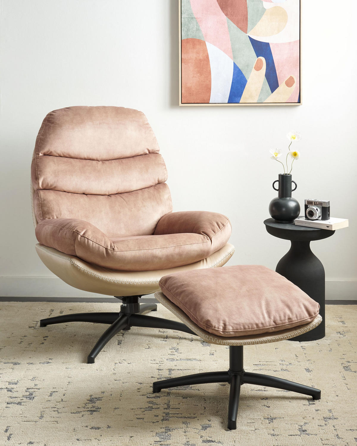 STUHL Samtstoff mit Fußhocker Sandbeige Eide - Beige/Schwarz, Textil (78/100/87cm) - Beliani