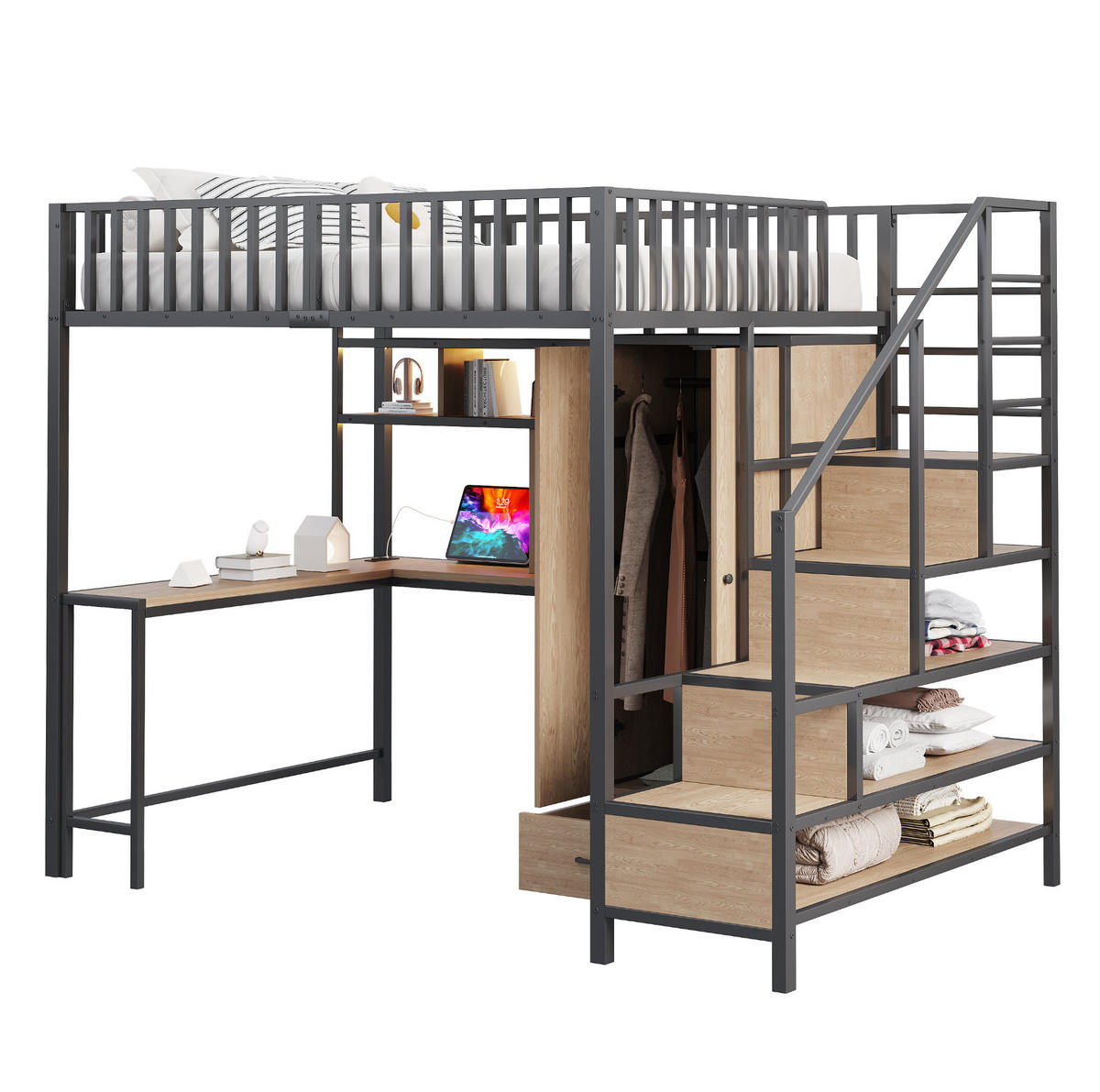 HOCHBETT aus Metall 140x200 cm Schwarz mit Schreibtisch, Kleiderschrank, Regalen, LED und Steckdose - Schwarz, Metall (90/190cm) - Modfu