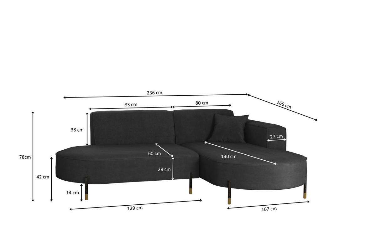 ECKSOFA L-Form Designer Modena Rein Stoff Noel Graphit Rechts - Graphitfarben, Holz/Textil (236/165cm) - Kaiser Möbel