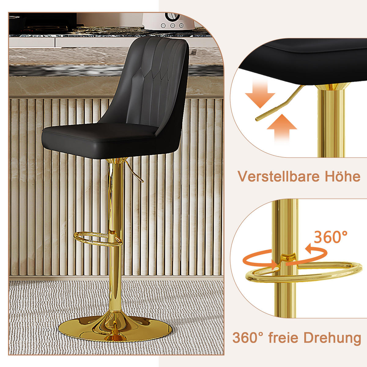 BARHOCKER 2er-Set Schwarz & Gold Höhenverstellbar 360° Drehbar mit Rückenlehne - Schwarz, Metall (44/95.5/44cm) - PANGIVO