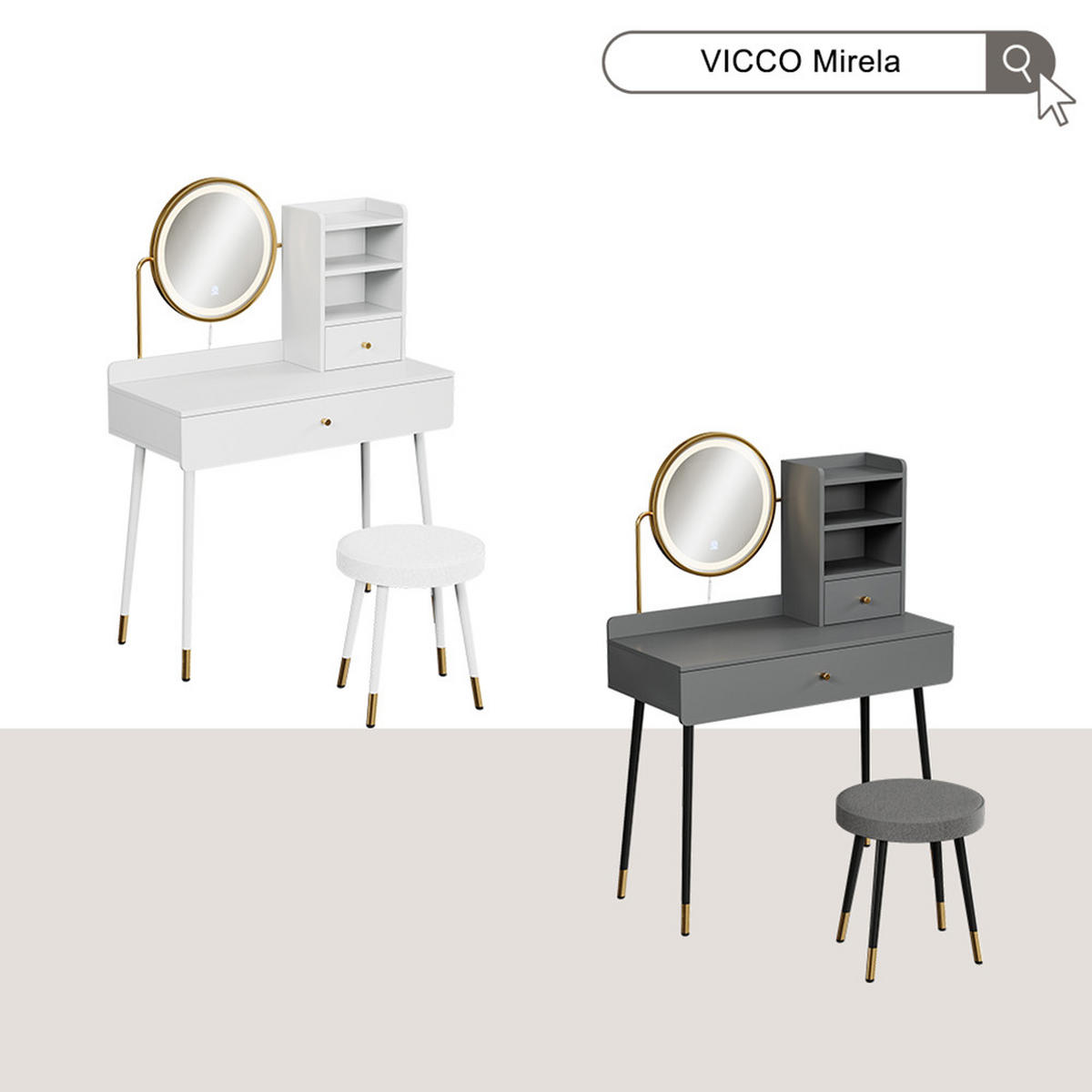 SCHMINKTISCH Mirela Grau 90 cm mit LED-Spiegel und Hocker - Grau, Holzwerkstoff (90/130/40cm) - Vicco