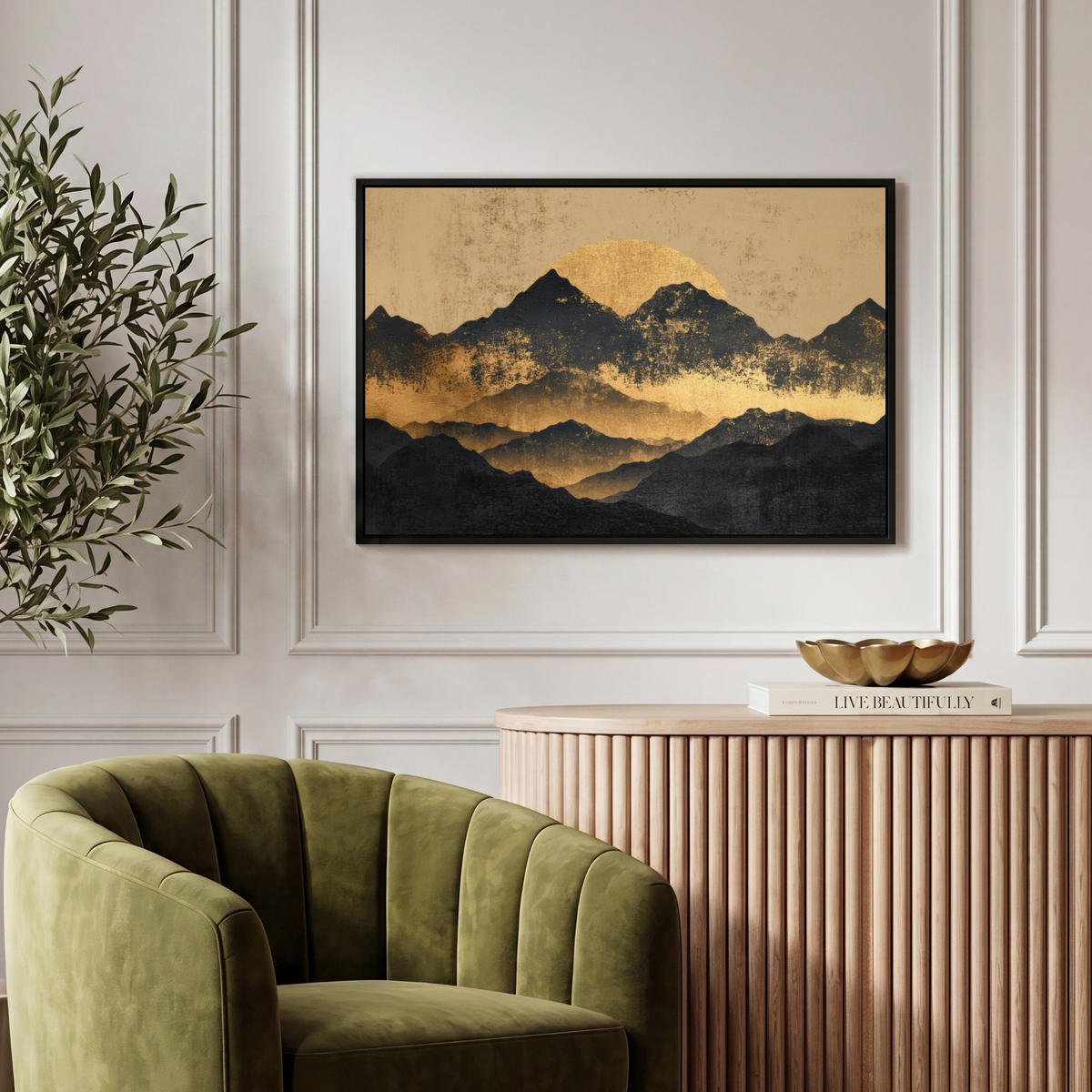 LEINWAND Bilder mit Rahmen - Goldene Berge bei Mondschein - 60x40 - Goldfarben, Textil (60/40cm) - MuchoWow