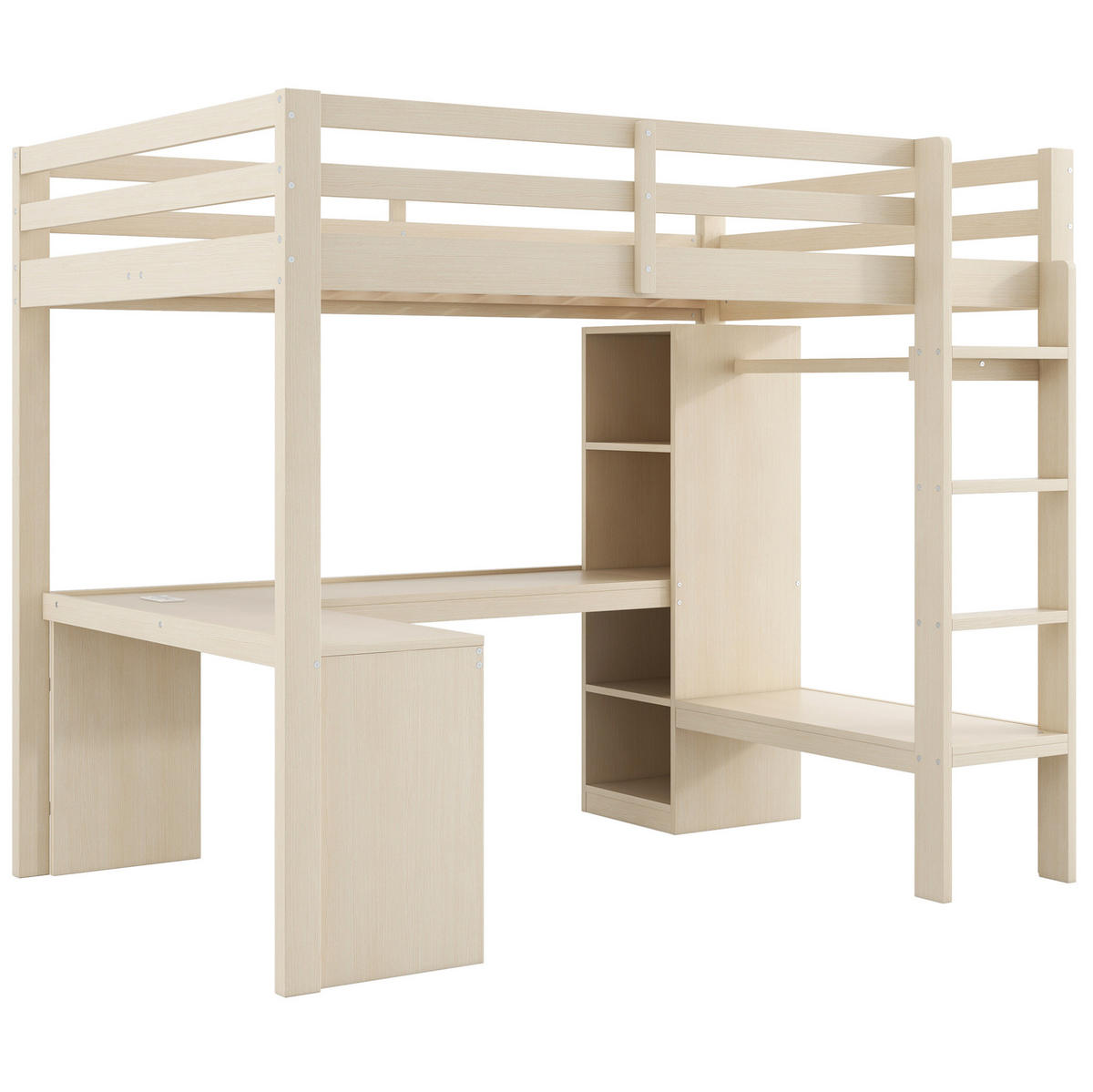 HOCHBETT 140/200 cm aus Massivholz und MDF mit Schreibtisch, LED, USB, Regalen und offenem Kleiderschrank, Natur - Naturfarben, Holzwerkstoff (140/200cm) - Redom