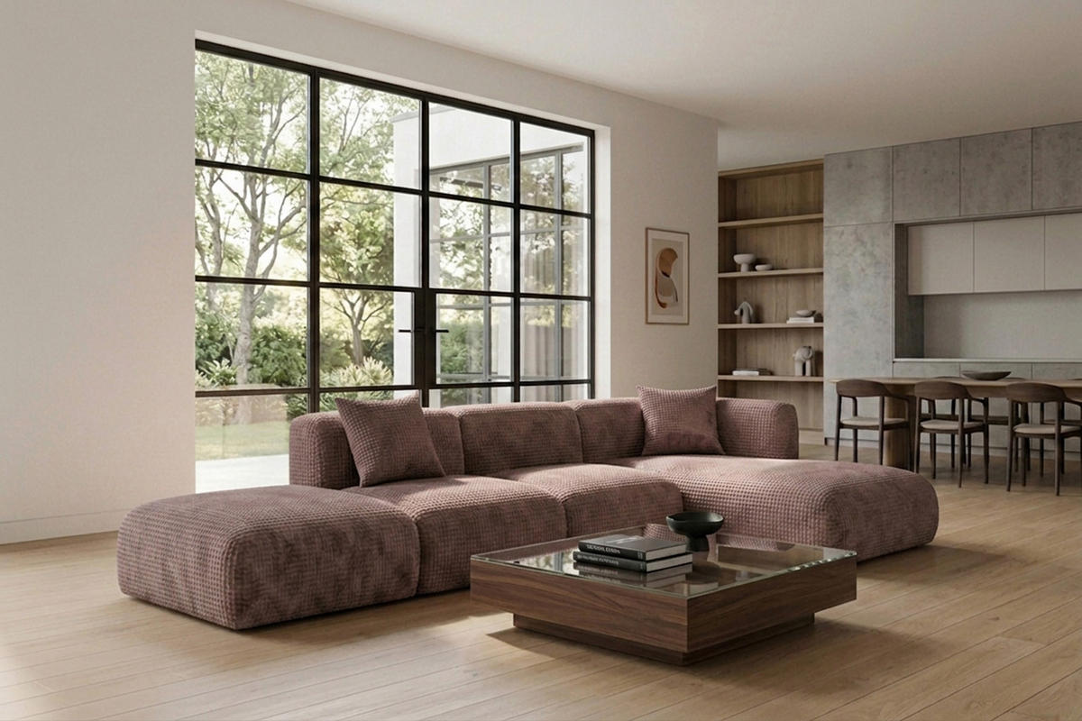 ECKSOFA L-Form mit Hocker, Chenille-Stoff Cremona, Taupe, Rechts, GRETA - Taupe, Holz (386/179cm) - Kaiser Möbel