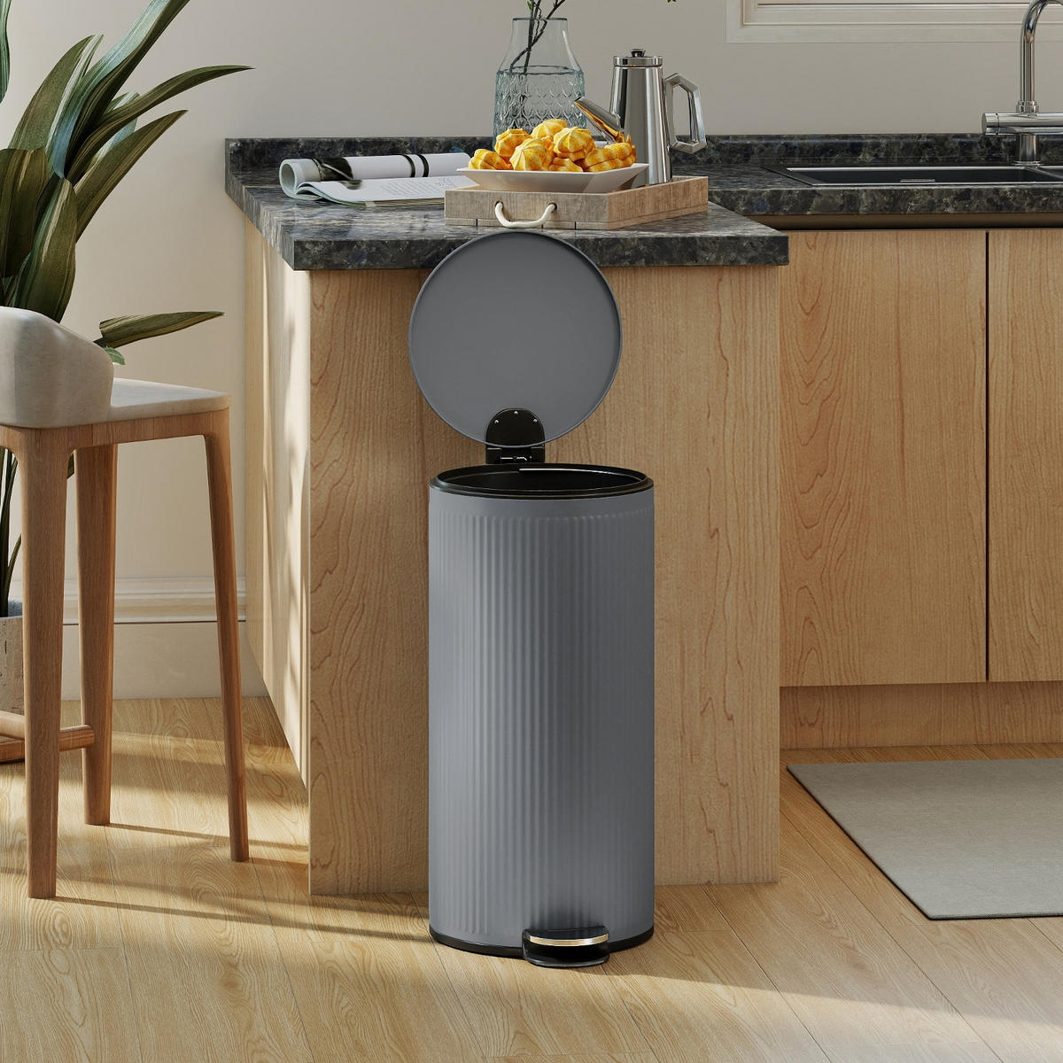 MÜLLEIMER Küche 30L 36/30/60,5 cm Metall Grau mit PEDAL und SOFT-CLOSE - Grau, Metall (30/60.5/36cm) - Rolipo