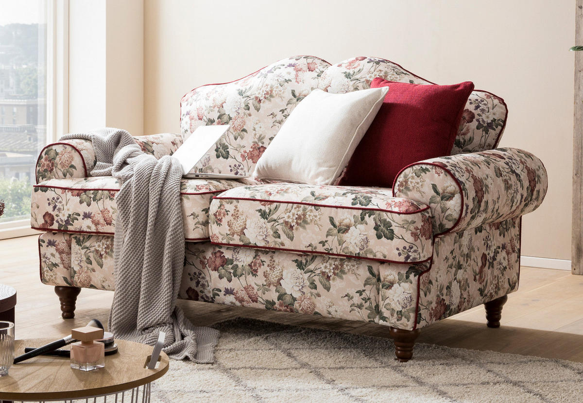 SOFA 2-SITZER creme Landhaus, Blumen Design, Couch 170 cm - Rot/Multicolor, Holz/Textil (110/96/90cm) - Furn.Design