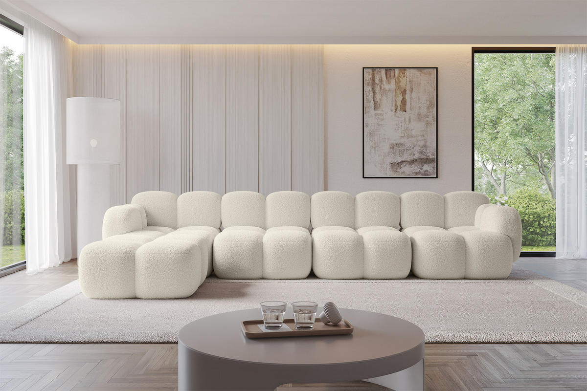 ECKSOFA modulares Sofa Links Miko-L3 390x205x75 Beige Bouclé - Sandfarben/Schwarz, Holzwerkstoff/Kunststoff (390/205cm) - ALTDECOR