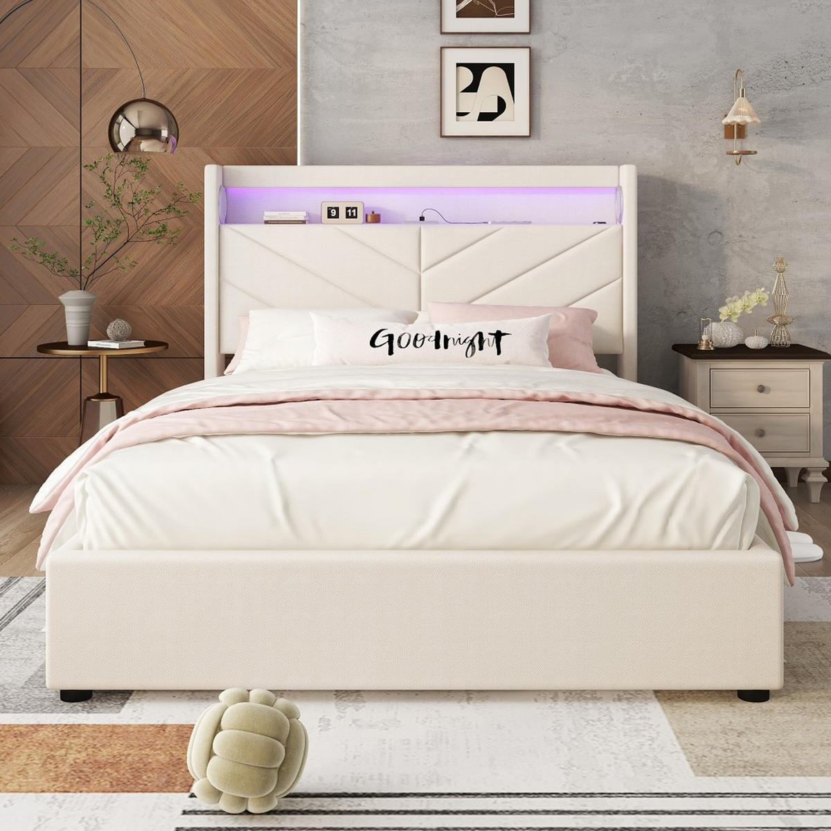 POLSTERBETT 140 x 190 cm in Beige Leinen mit Mit USB und Stereoanlage - Beige, Holz/Textil (140/190cm) - KOMHTOM