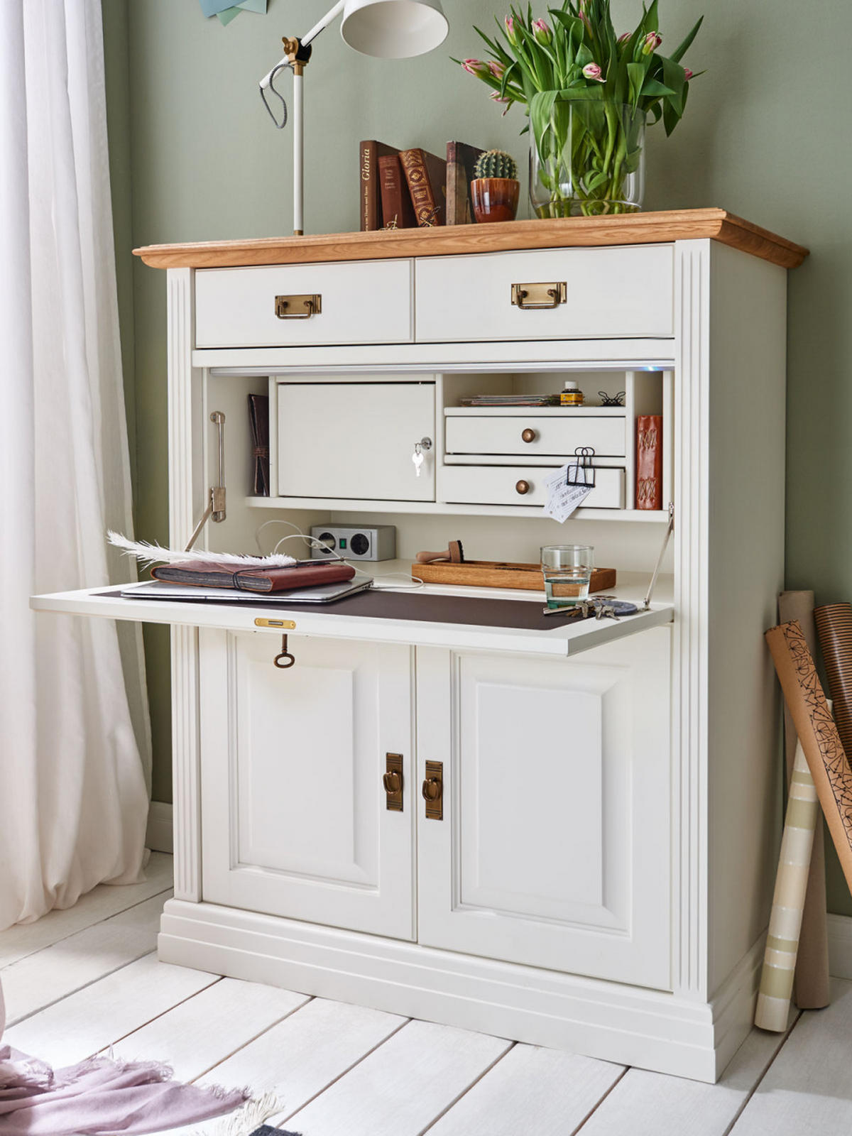 SEKRETÄR Büroschrank Novara - Weiß/Braun, Holz (45/111/133cm) - Casamia Massive Möbel