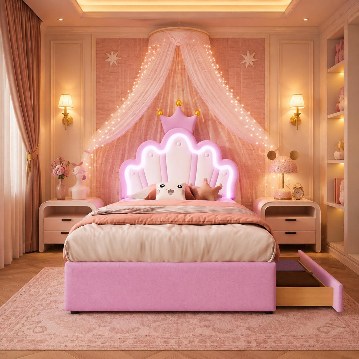 KINDERBETT 90/200 cm in Rosa mit 2 Schubladen, LED und Verstellbarem Kopfteil aus PU - Rosa, Holzwerkstoff/Textil (90/200cm) - CHICFURN