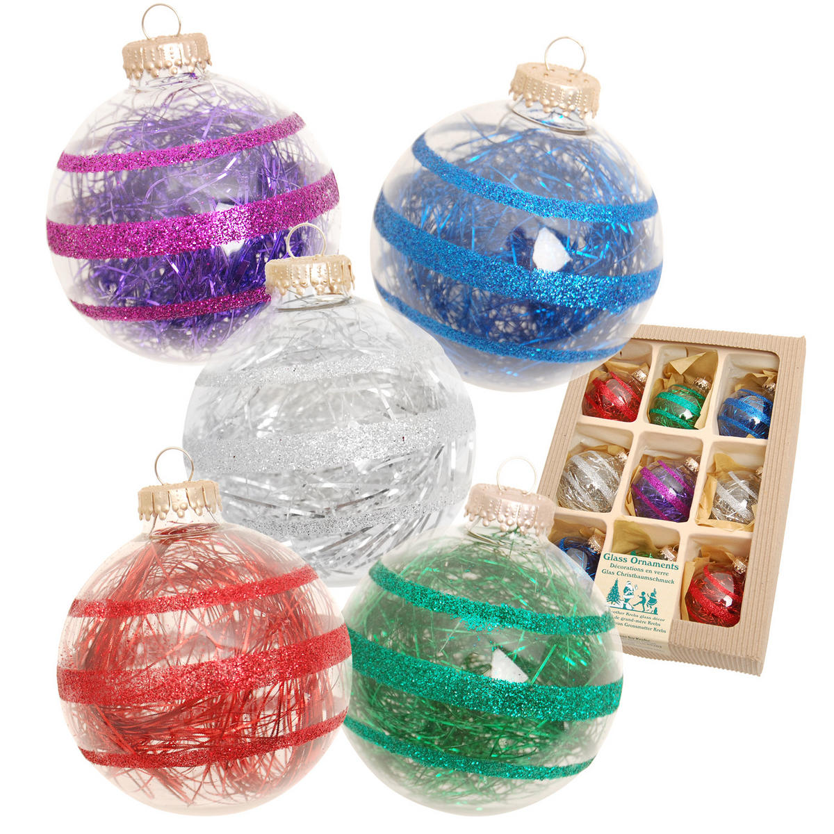 CHRISTBAUMKUGELN Glitterstreifen mit Tinsel Mehrfarbig 7cm (Glas / 9 Stk.) - Multicolor, Glas (7/7/7cm) - Krebs Glas Lauscha