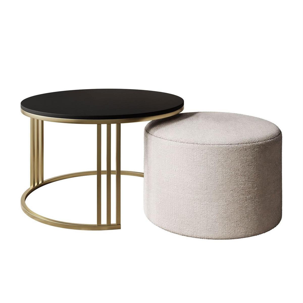 COUCHTISCH mit Hocker LORI MAT gebürstetes Gold/schwarz matt/Perfect Harmony 01 - Schwarz, Metall (70/70/49cm) - Lookway