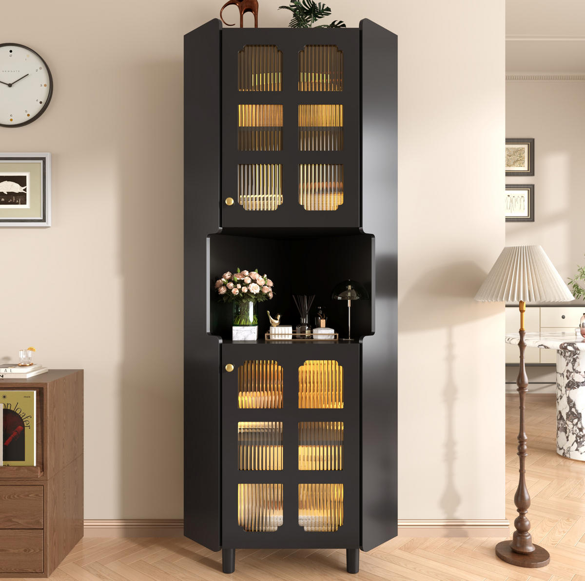 LED-ECKSPEICHERSCHRANK 63.5x17x157.5 cm Schwarz aus Spanplatte mit App-LED & 3-Zonen-Storage - Schwarz, Holzwerkstoff (63.5/157.5/17cm) - Modfu