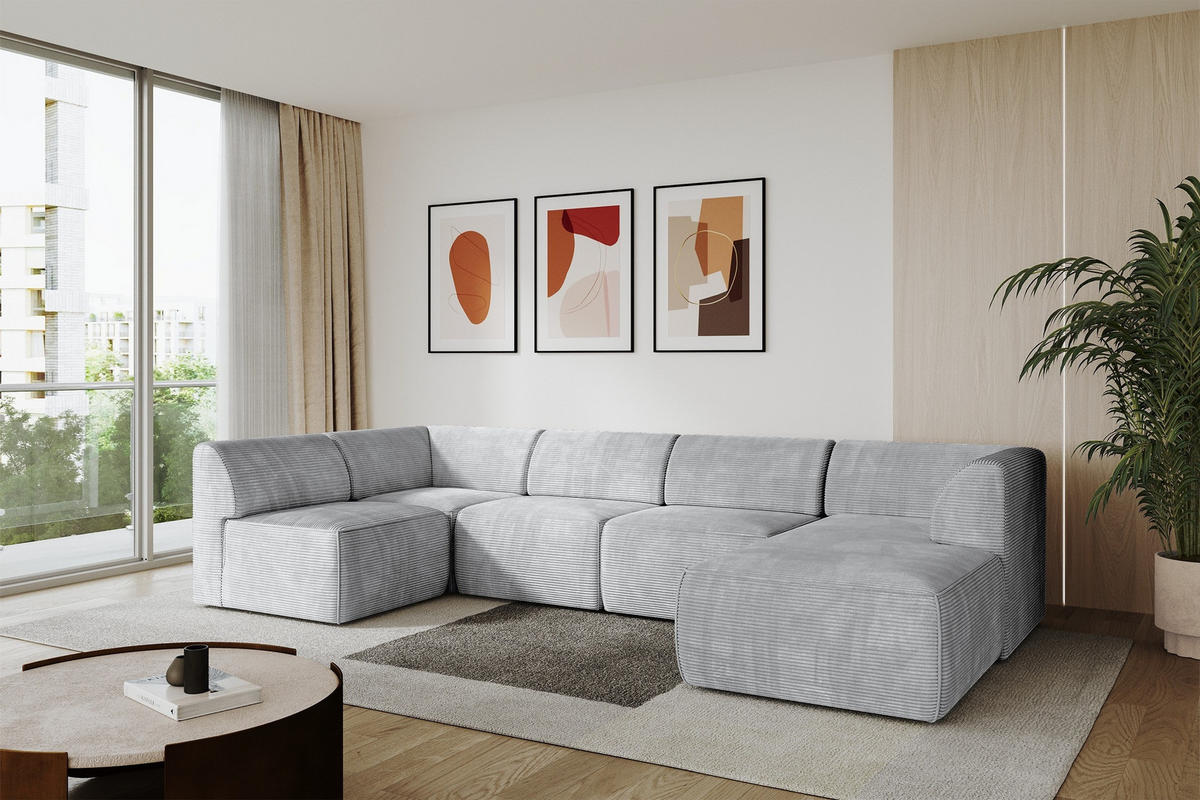 WOHNLANDSCHAFT Ottomane Rechts MOVA 345x180x78 Grau Cord - Schwarz/Alufarben, Holzwerkstoff/Kunststoff (345/78/180cm) - ALTDECOR