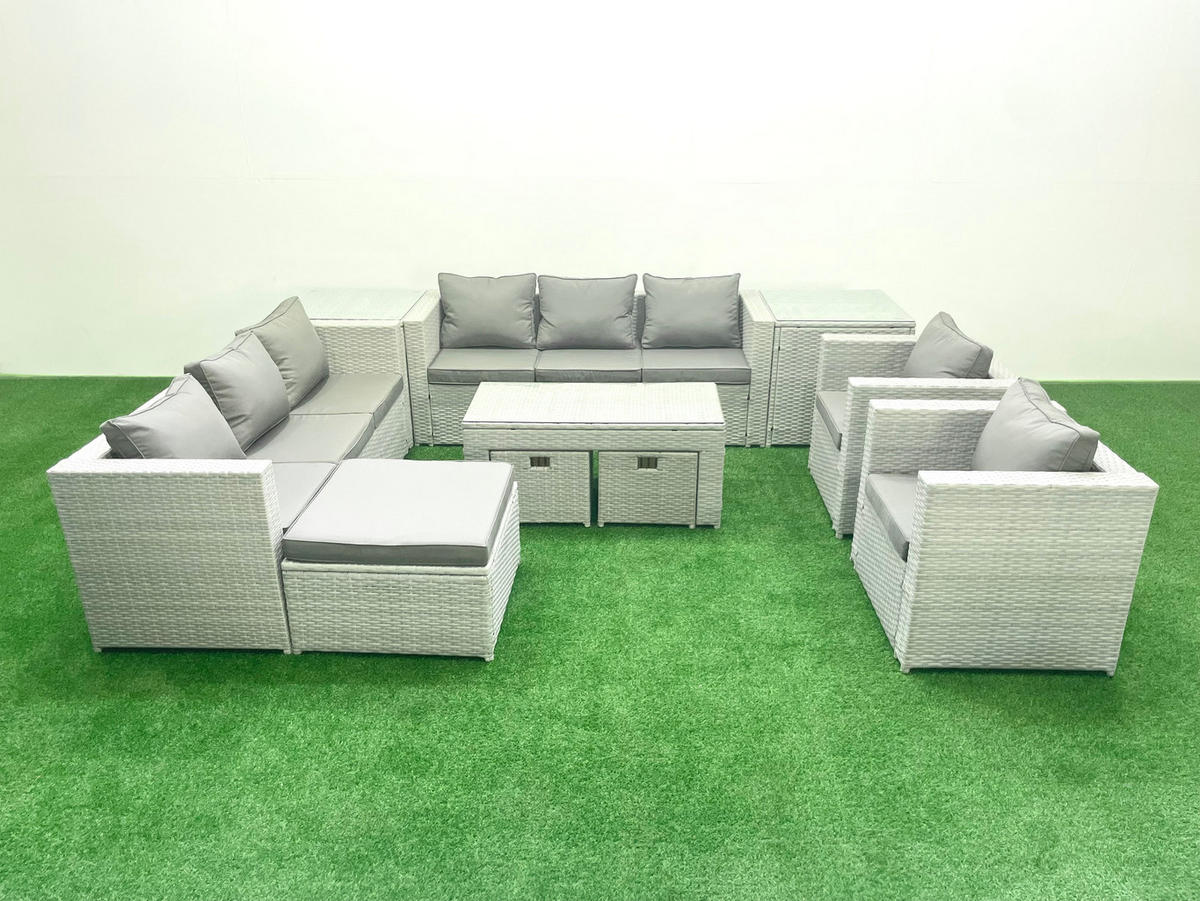 GARTENSOFA hohe Rückenlehne Polyrattan Hellgrau-Mix 11-Sitzer - Hellgrau/Grau, Glas/Kunststoff - Fimous