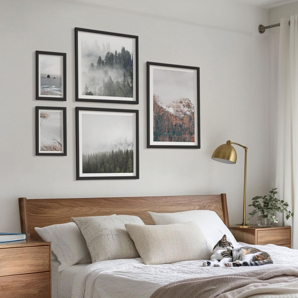 BILDER SET 5er Set - 50x50 cm & 20x30 cm & 40x60 cm Schwarzer Rahmen - Abstrakte Wellen, graue Pastellfarben - Schwarz, Kunststoff (40/60cm) - TULUP