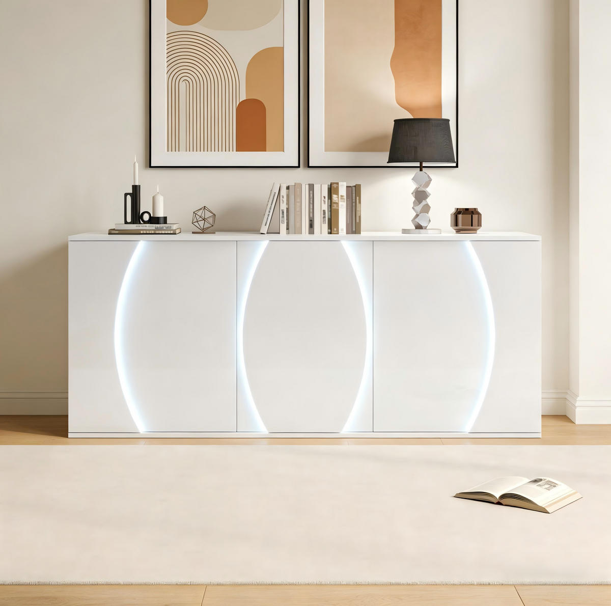 KUCHYŇSKÁ SKŘÍŇ bílá se 3 lesklými LED dvířky, úložná skříň z dřevotřísky, 150 × 40 × 70 cm - bílá, kov/kompozitní dřevo (150/70/40cm) - STILVORA