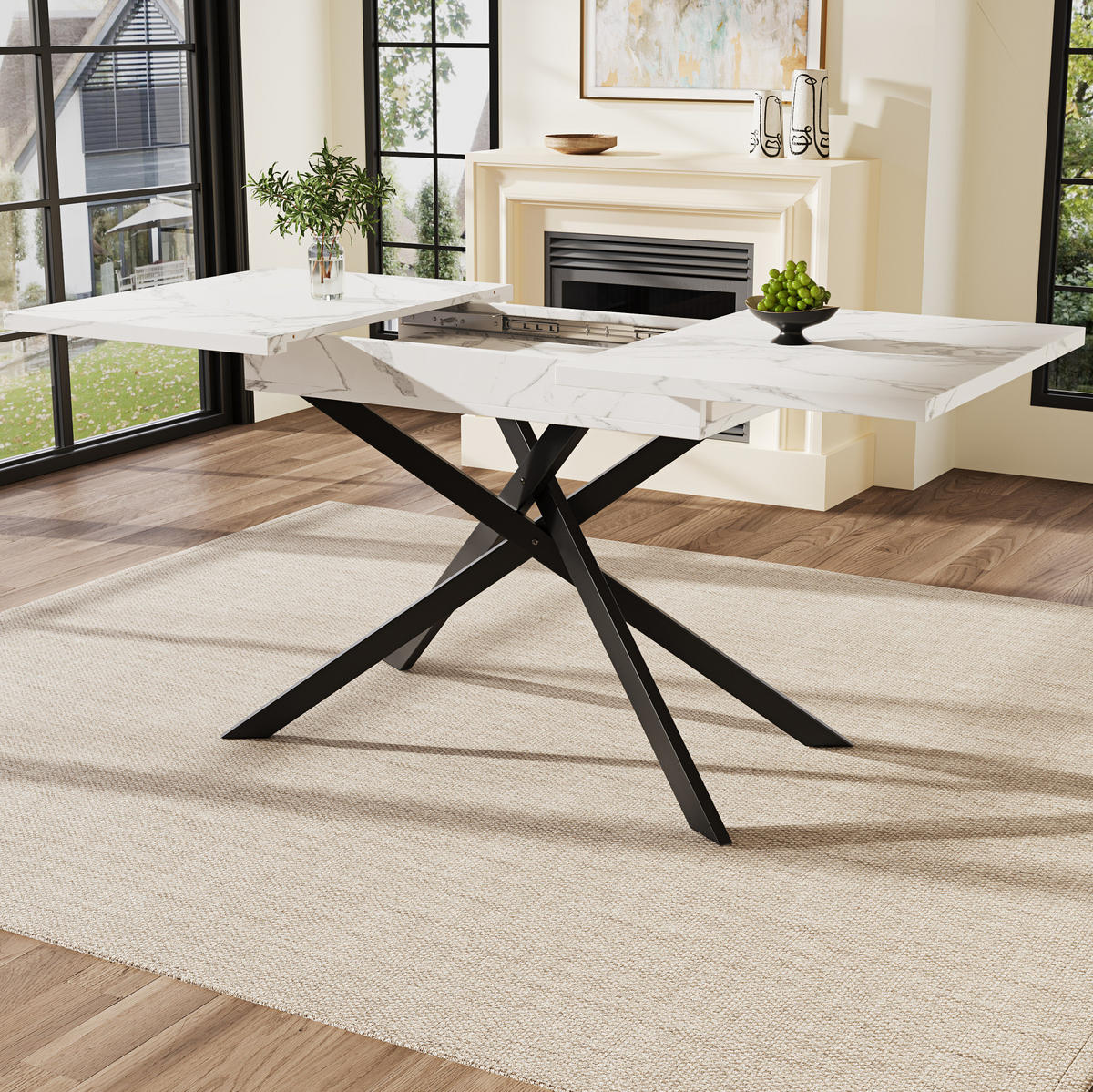ESSTISCH, MDF in Marmoroptik mit Ausziehfunktion, 120-160/80/76,5 cm, Weiß/Schwarz - Weiß, Holzwerkstoff (120/80/76.5cm) - Redom