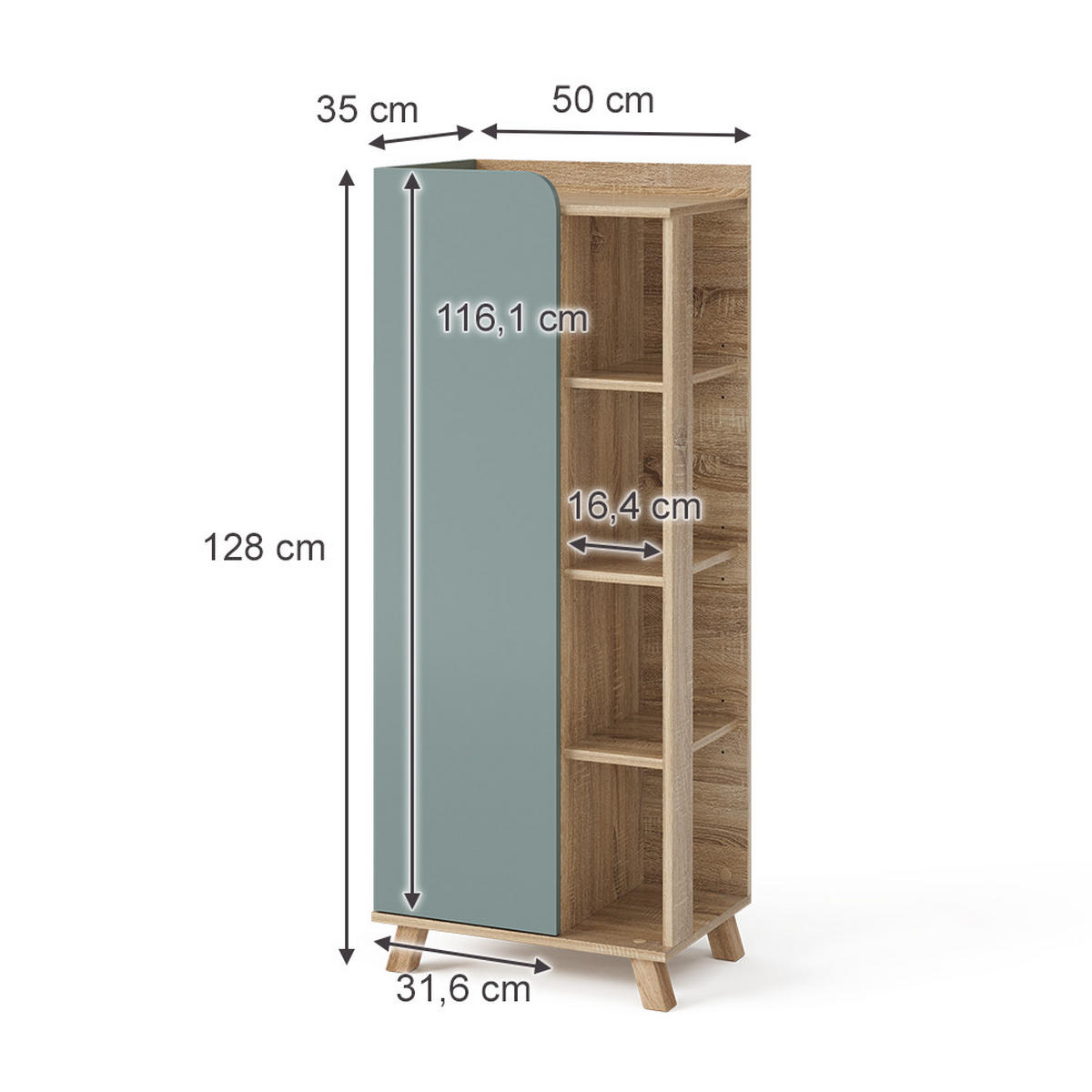 MIDISCHRANK Karen Blau-Grau 50 x 128 cm mit Tür und offenen Fächern - Dunkelblau/Sonoma Eiche, Holzwerkstoff (50/128/35cm) - Vicco