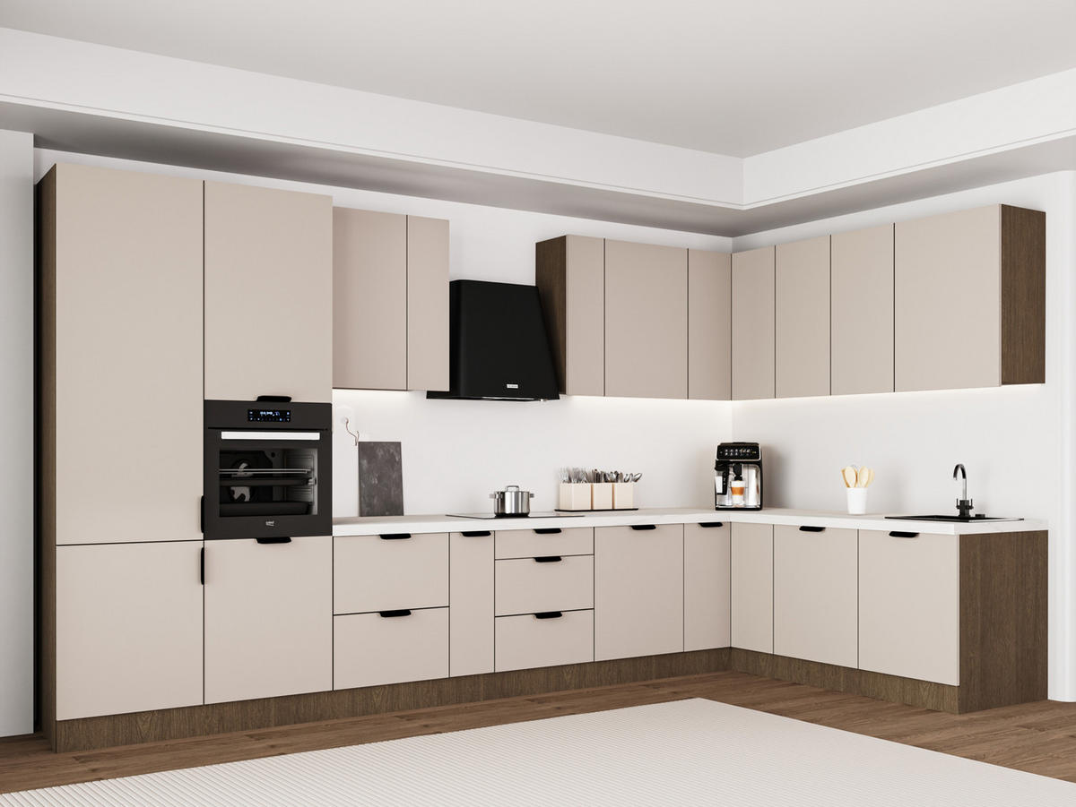 WINKELKÜCHE 405cm x 205 cm - Sorento KS5-M405 - in Beige / Dunkle Eiche - Beige/Dunkelbraun, Holz (610/247/58cm)