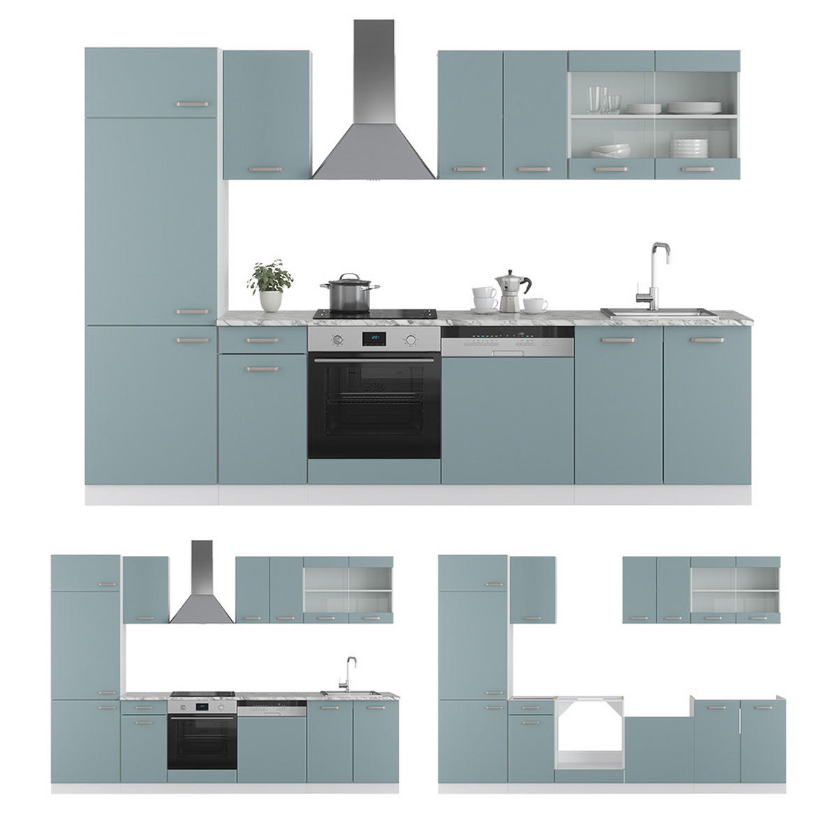 KÜCHENZEILE R-Line Blau-Grau/Weiß 300 cm ohne AP - Blaugrau/Weiß, Holzwerkstoff (300/81.6/46cm) - Vicco