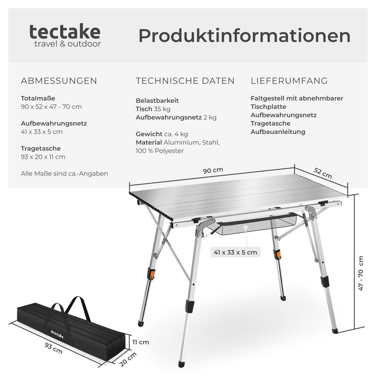 CAMPINGTISCH Tina,90 x 52 x 47 - 70 cm,silber - Silberfarben, Metall (90/52/70cm) - tectake