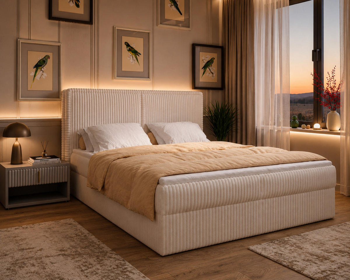 BOXBETT 04 180 x 200 cm - Ambience – Modernes Polsterbett mit Bettkasten, Topper und gepolstertem Kopfteil, Stoffbezug, Stauraumbett - Creme, Holz (180/200cm) - ROYAL24_MARKT