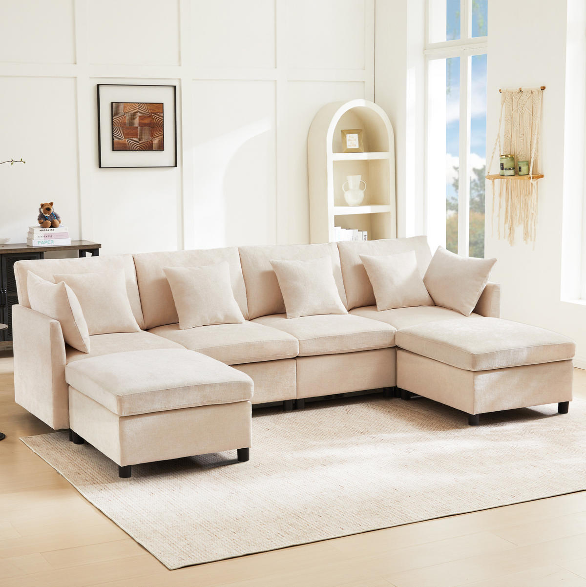 SOFA modular 278 x 161 cm Chenille Beige 3-tlg. mit 2 Hockern und 6 Kissen - Beige, Textil (161/81/278cm) - Meubliv