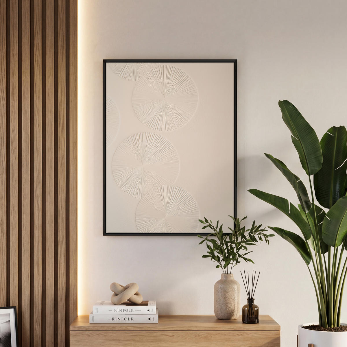 LEINWAND Bilder mit Rahmen - Japandi - Beige - Modern - 50x70 - Ecru, Textil (50/70cm) - MuchoWow