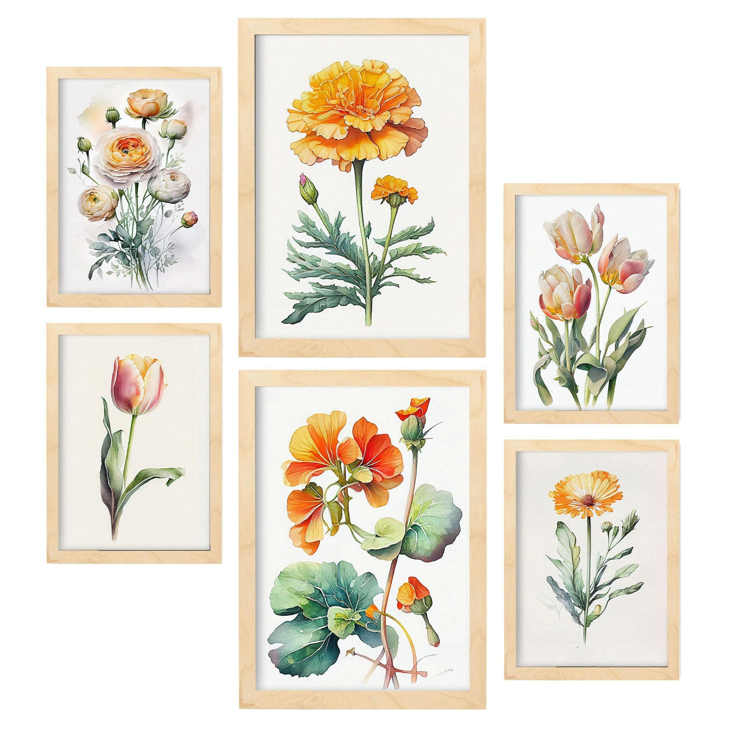 POSTER Set Mit 6 Orangefarbene Blumen Vollfarbige Natur & Botanikdrucke Mit Blumenmotiven Auf Reinweißen Hintergründen A3 & A4 Rahmen Aus Hellem Holz - Beige, Papier (29/3cm) - Nacnic